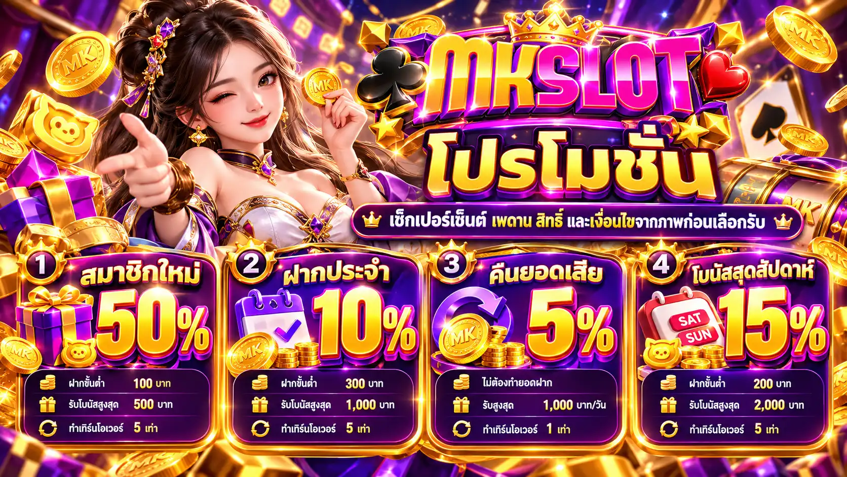 โปรโมชั่น mkslot88 เช็กเปอร์เซ็นต์ เพดาน สิทธิ์ และเงื่อนไขจากภาพก่อนเลือกรับ